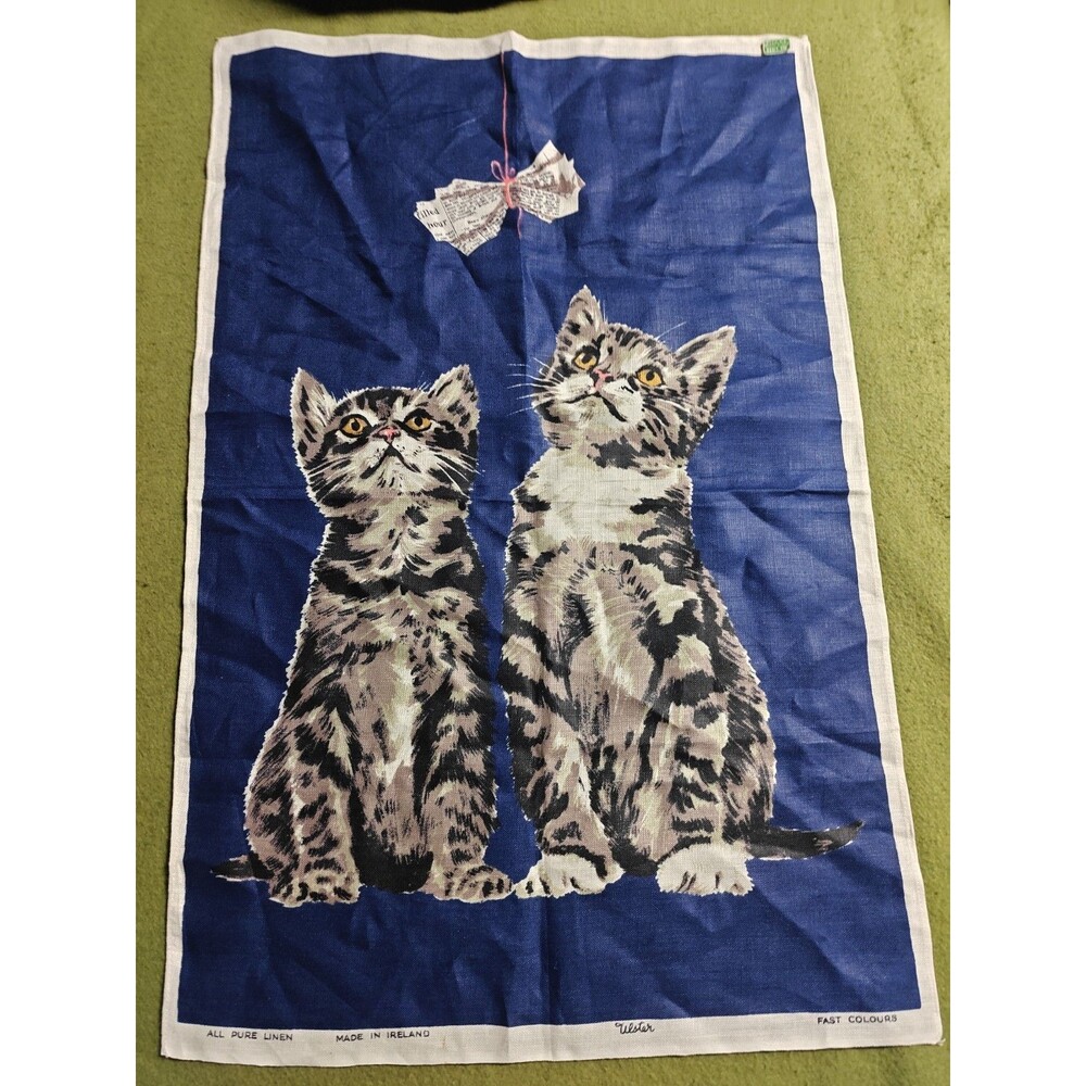 Cat Kitten UNUSED Irish Linen vintage tea towel wall hanging Ulster Mid Century